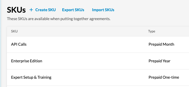 the SKUs screen listing each SKU with its prepaid type, above Create, Export and Import controls