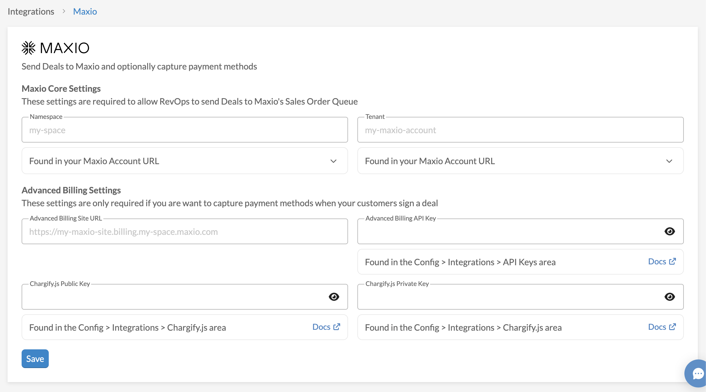 the Maxio integration form in RevOps, with fields for the namespace and connection details