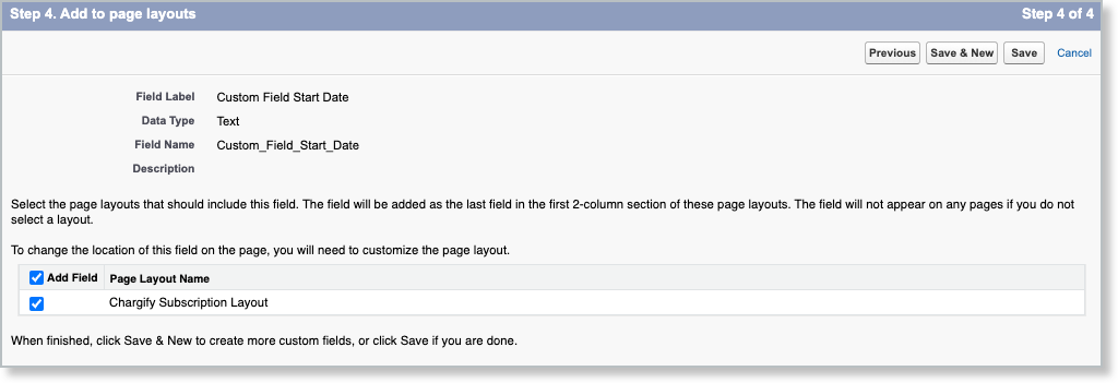 step four of the wizard, choosing which page layouts the new field is added to