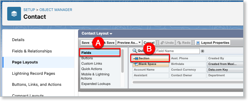 the Contact page layout editor, with the palette's Fields view and the Section element labeled A and B