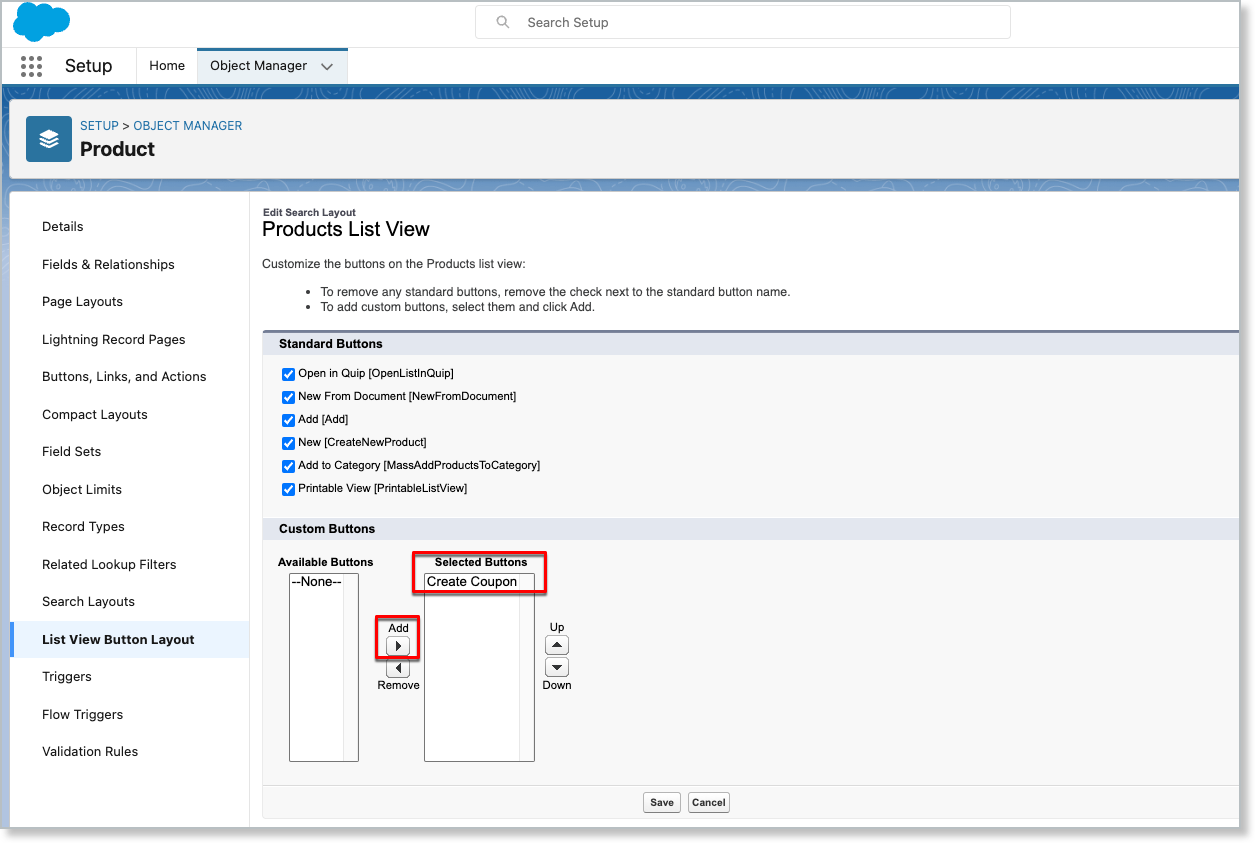 the Products list view settings with Create Coupon moved into the Selected Buttons box