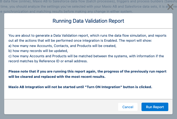 the Running Data Validation Report prompt, listing what the report simulates before Cancel and Run Report