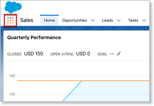 the Salesforce Sales app with the App Launcher grid icon outlined at top left
