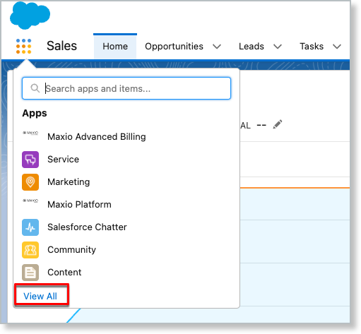 the App Launcher panel with View All outlined below the app list