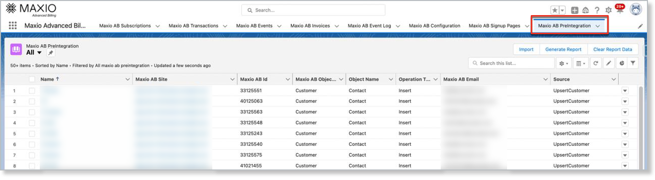the Maxio AB PreIntegration tab listing 50-plus matched records with their object, operation and source columns