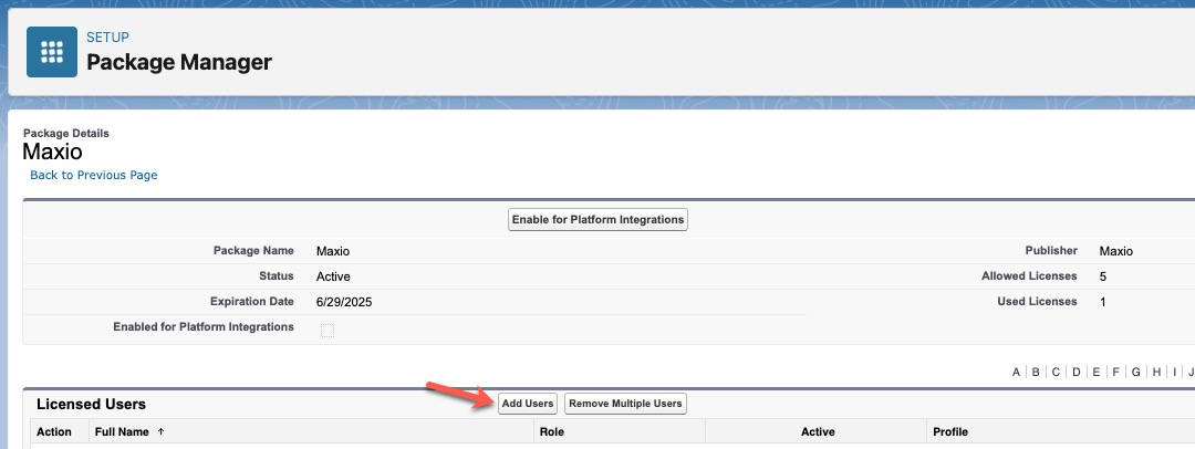the Package Manager details for Maxio, with an arrow to Add Users under Licensed Users