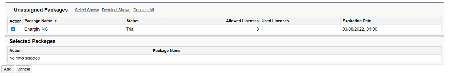 the Salesforce license assignment screen with the Chargify NG package selected