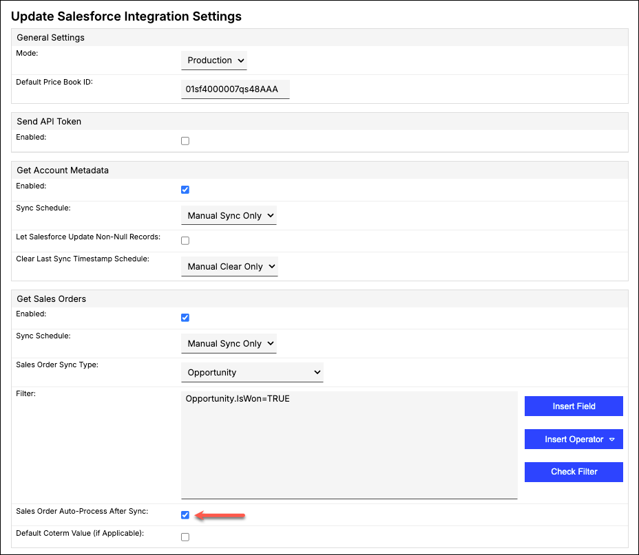 the integration settings with Sales Order Auto-Process After Sync outlined in the Get Sales Orders section