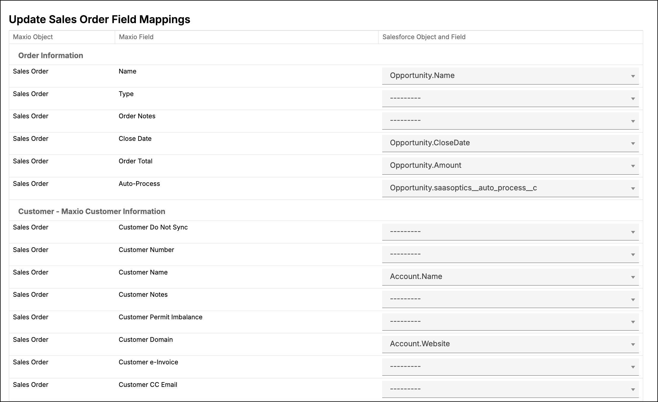 the editable mappings screen, each Maxio Platform field carrying a Salesforce field dropdown