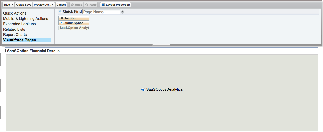 the layout editor with the analytics Visualforce page dropped into a new financial details section