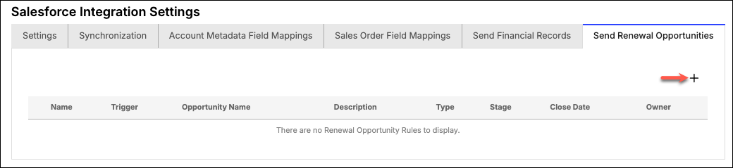the Send Renewal Opportunities tab with no rules yet and a plus button to add one