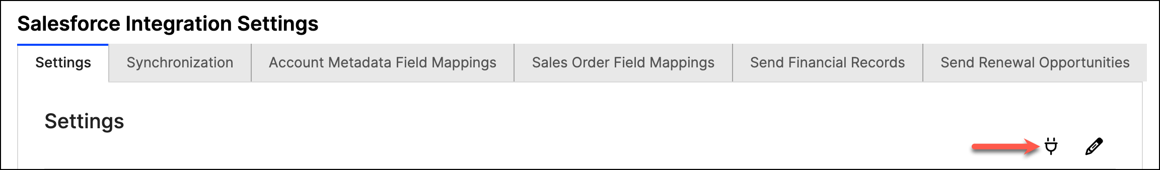 the Salesforce Integration Settings page, with an arrow to the edit icon beside the Settings tab