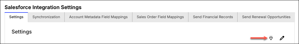 the Salesforce Integration Settings page with an arrow to the Connect to Salesforce plug icon