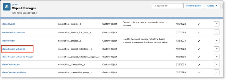 the Salesforce Object Manager list with Maxio Project Milestone outlined