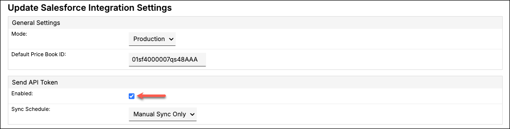 the Send API Token section of the integration settings, with an arrow to its Enabled checkbox